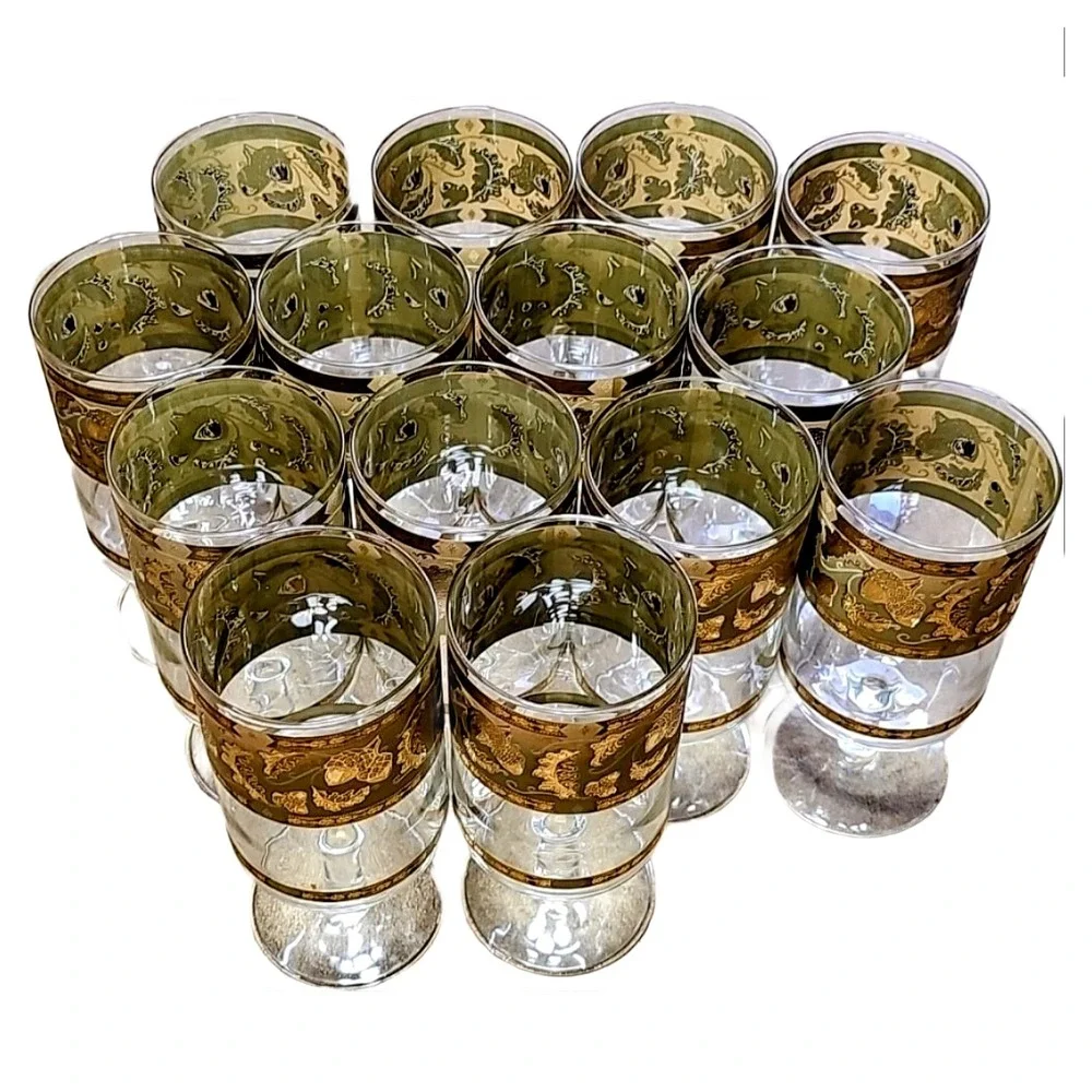 Vintage Cera Green Gold Oak Leaf Acorn Footed Glass Goblet MCM Barware Set Vera